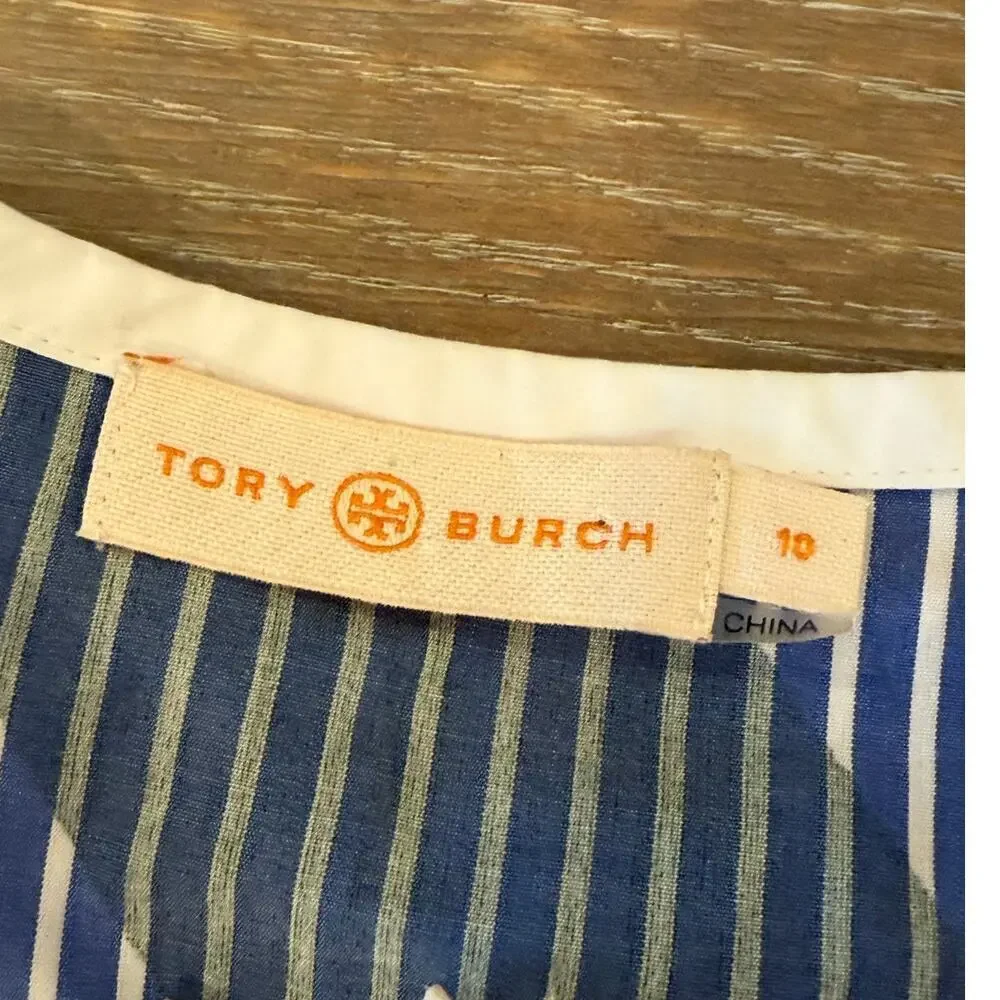TORY BURCH Overprinted Tie-Front Top in Diagonal Stripe size 10 Blue Green